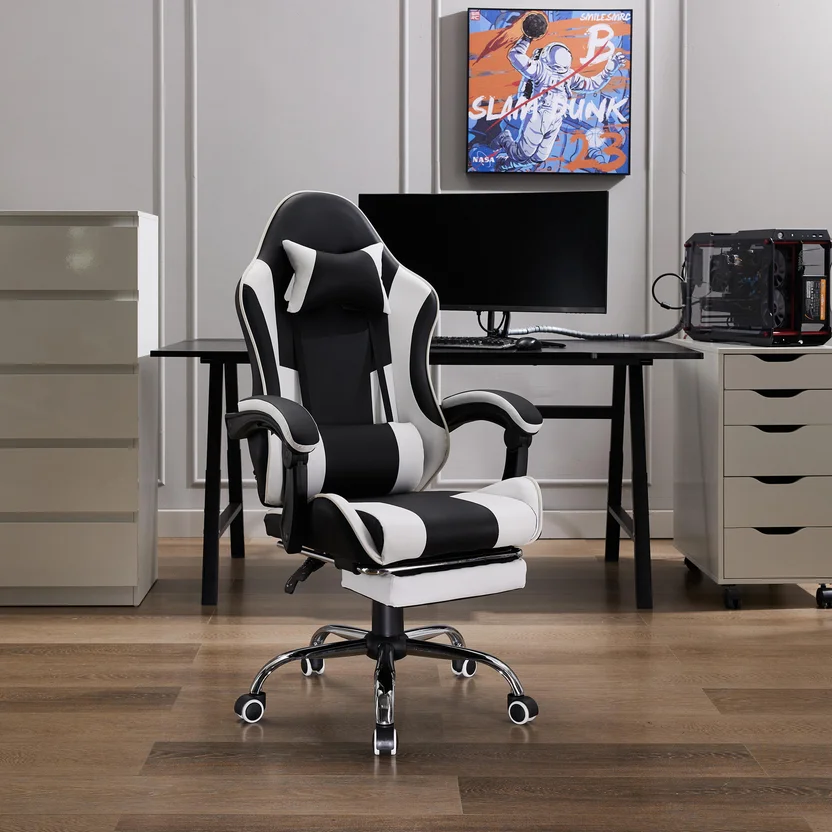 Silla de EscritorioGamer Giratoria Masajeadora Reposapiés 53,5x129x64 cm Blanco/Negro