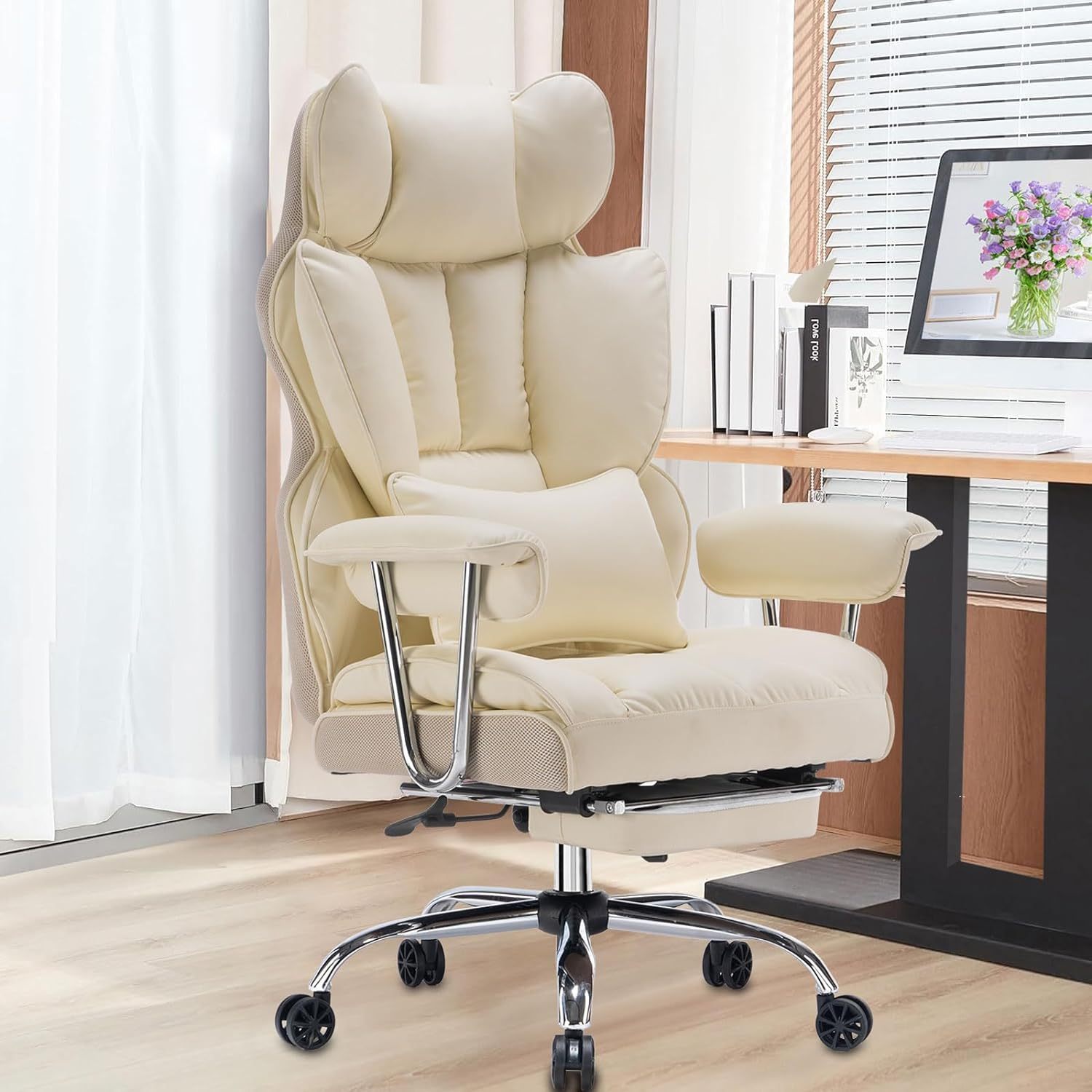 Silla de oficina alta, silla de computadora de cuero PU, silla ejecutiva con reposapiernas y soporte lumbar