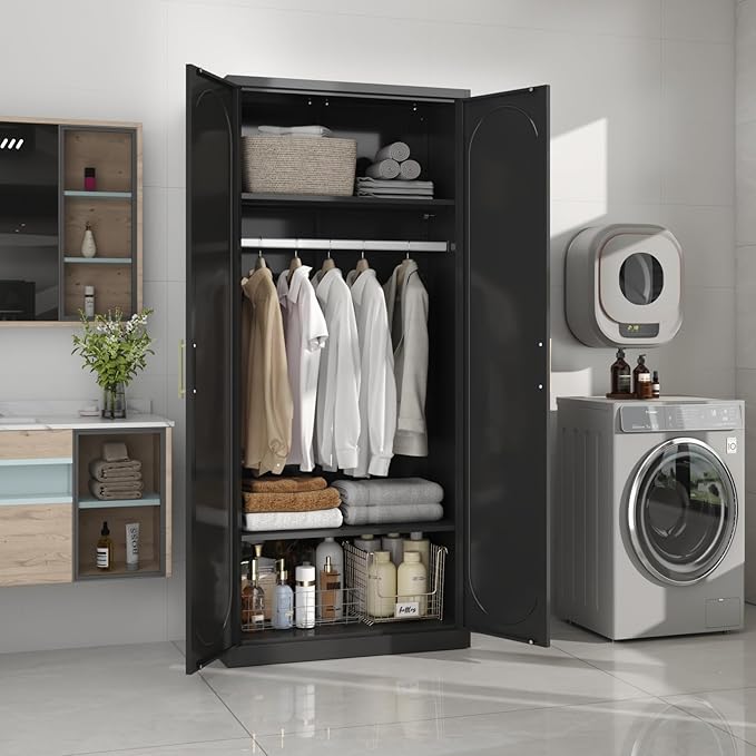 clóset de metal de 71 pulgadas con cajón, clóset de almacenamiento alto para ropa con estantes ajustables y barra colgante, clóset blanco para recámara, hogar, oficina, gimnasio