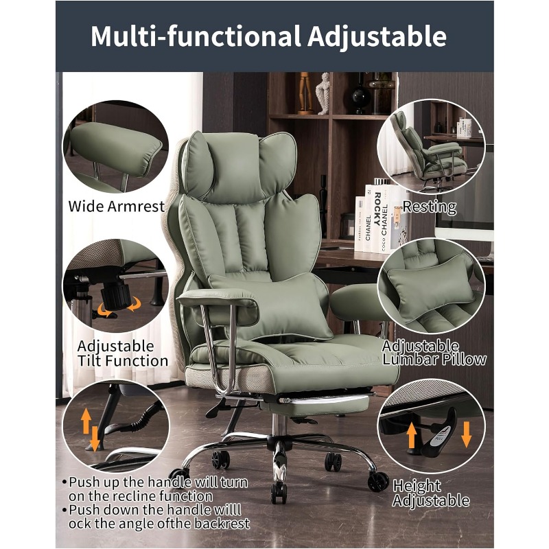 Silla de oficina alta, silla de computadora de cuero PU, silla ejecutiva con reposapiernas y soporte lumbar