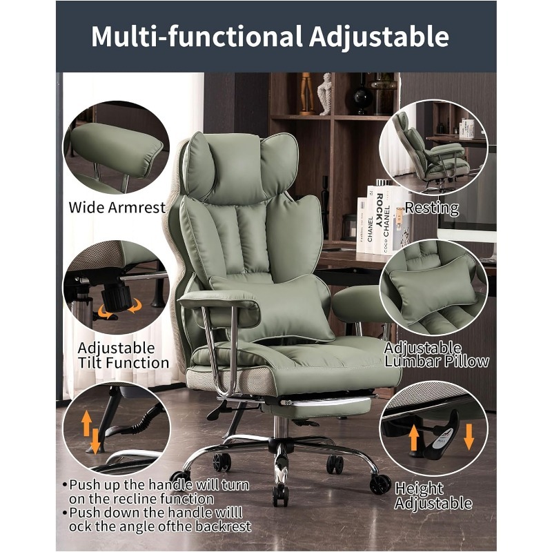 Silla de oficina alta, silla de computadora de cuero PU, silla ejecutiva con reposapiernas y soporte lumbar
