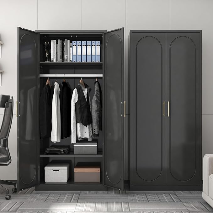 clóset de metal de 71 pulgadas con cajón, clóset de almacenamiento alto para ropa con estantes ajustables y barra colgante, clóset blanco para recámara, hogar, oficina, gimnasio