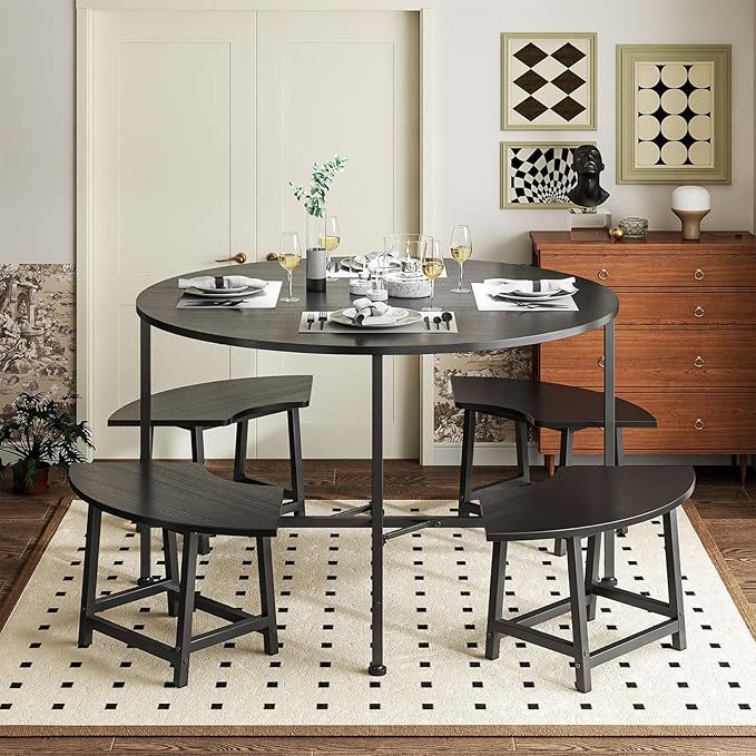 Comedor 4 sillas Moderno Redondo Conjunto de Comedor para Cuatro - Cocina compacta desayunador con 4 taburetes, Resistente y Ahorra Espacio, 80x80 cm, Negro