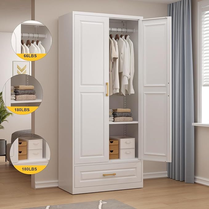 clóset de metal de 71 pulgadas con cajón, clóset de almacenamiento alto para ropa con estantes ajustables y barra colgante, clóset blanco para recámara, hogar, oficina, gimnasio