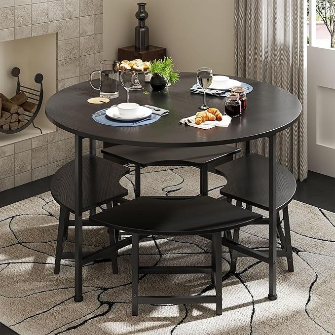 Comedor 4 sillas Moderno Redondo Conjunto de Comedor para Cuatro - Cocina compacta desayunador con 4 taburetes, Resistente y Ahorra Espacio, 80x80 cm, Negro