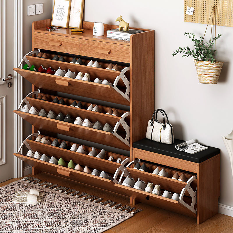 Large capacity folding shoe cabinet can hold 36 pairs of shoes with bench