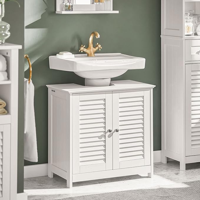 Gabinete para Baño Mueble para Baño Organizador Armario Baño con Estantes Ajustables Muebles para Lavabo con Puerta Anti-Moho(Blanco, Desagüe al Suelo FRG237-II-W)