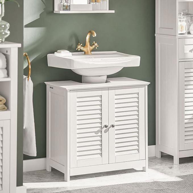 Gabinete para Baño Mueble para Baño Organizador Armario Baño con Estantes Ajustables Muebles para Lavabo con Puerta Anti-Moho(Blanco, Desagüe al Suelo FRG237-II-W)
