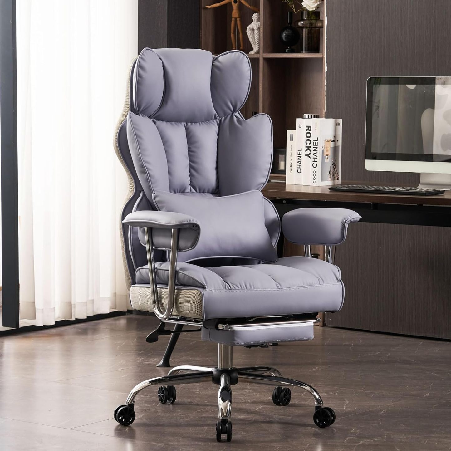 Silla de oficina alta, silla de computadora de cuero PU, silla ejecutiva con reposapiernas y soporte lumbar