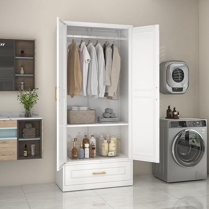 clóset de metal de 71 pulgadas con cajón, clóset de almacenamiento alto para ropa con estantes ajustables y barra colgante, clóset blanco para recámara, hogar, oficina, gimnasio