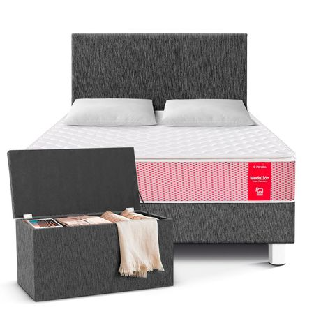 Dormitorio Medallon Acero 2 Plazas + Baúl + 2 Almohadas + Protector