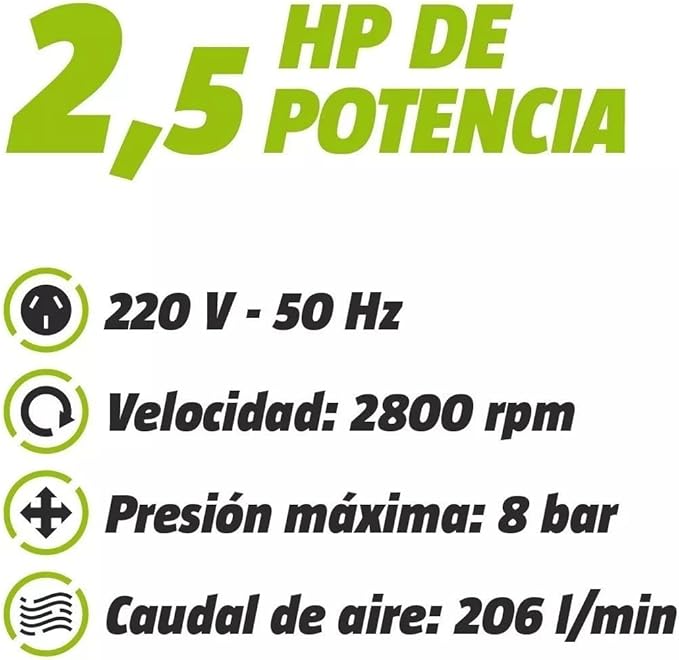 Compresor de Aire 50 Litros 2.5 HP – Kit de Pintura con Pistola, Manguera y Accesorios, 8 Bar 115 PSI 206 L/min