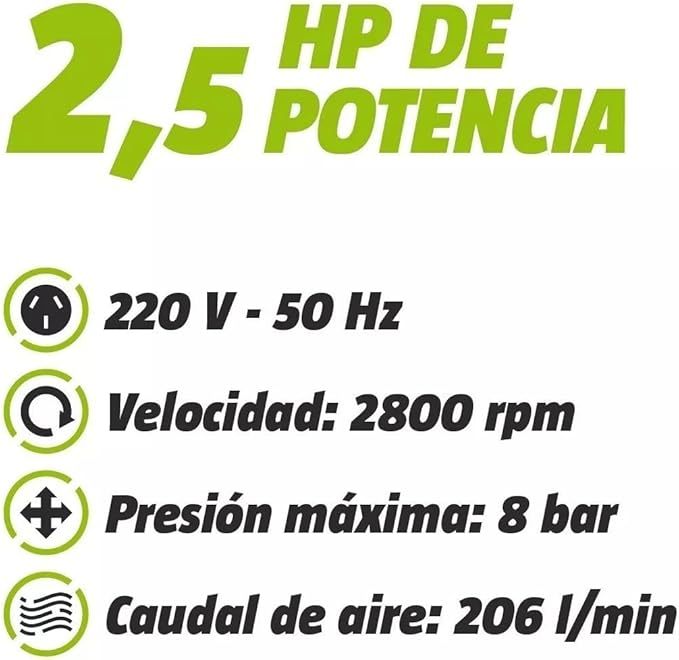 Compresor de Aire 50 Litros 2.5 HP – Kit de Pintura con Pistola, Manguera y Accesorios, 8 Bar 115 PSI 206 L/min
