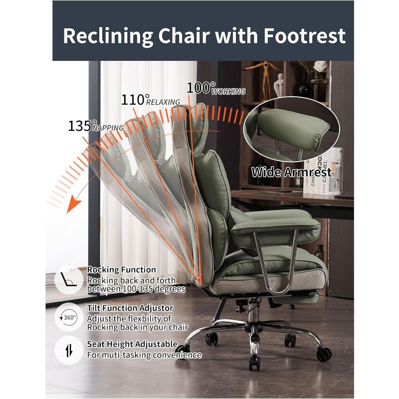 Silla de oficina alta, silla de computadora de cuero PU, silla ejecutiva con reposapiernas y soporte lumbar