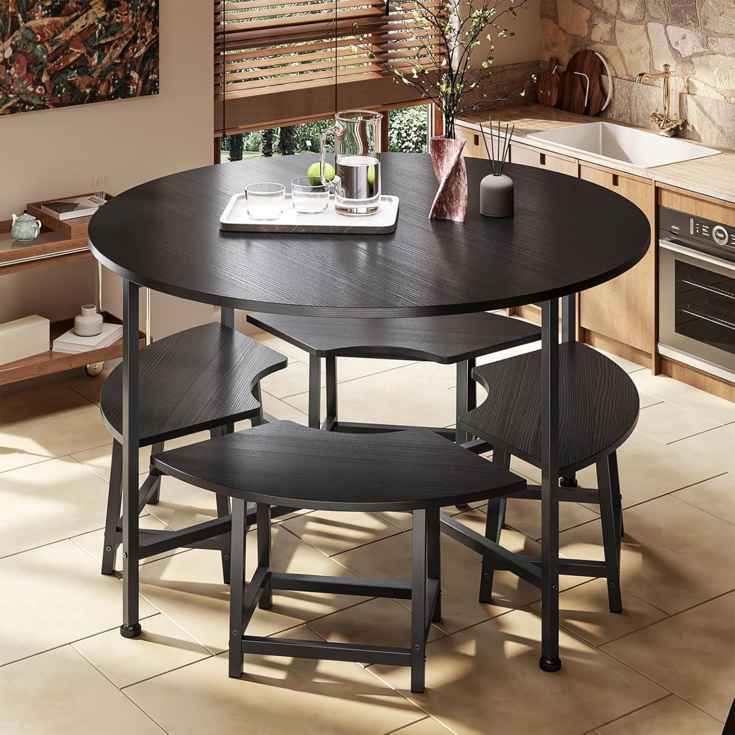 Comedor 4 sillas Moderno Redondo Conjunto de Comedor para Cuatro - Cocina compacta desayunador con 4 taburetes, Resistente y Ahorra Espacio, 80x80 cm, Negro