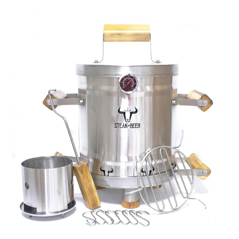 Barril Asador a Carbón en Acero Inoxidable 430 Mini Eco 50x30 Cm 6 Ganchos +1 Parrilla Removible +1 Garfio + 1 Carbonera + 1 Plato Cenicero Steak And Beer