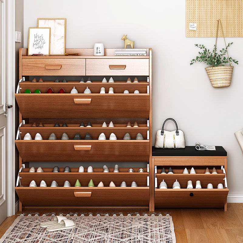 Large capacity folding shoe cabinet can hold 36 pairs of shoes with bench