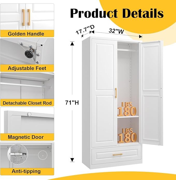 clóset de metal de 71 pulgadas con cajón, clóset de almacenamiento alto para ropa con estantes ajustables y barra colgante, clóset blanco para recámara, hogar, oficina, gimnasio