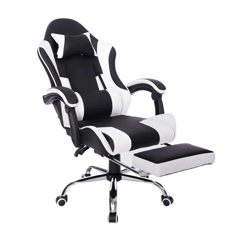Silla de EscritorioGamer Giratoria Masajeadora Reposapiés 53,5x129x64 cm Blanco/Negro