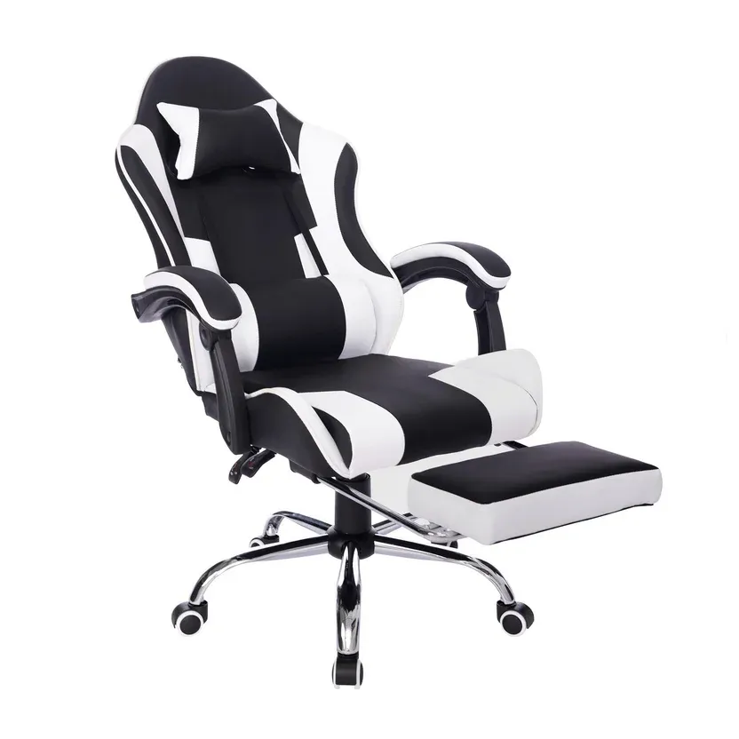 Silla de EscritorioGamer Giratoria Masajeadora Reposapiés 53,5x129x64 cm Blanco/Negro