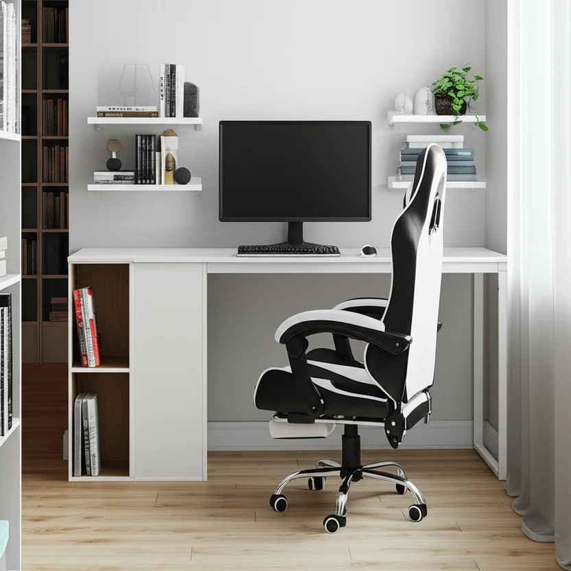 Silla de EscritorioGamer Giratoria Masajeadora Reposapiés 53,5x129x64 cm Blanco/Negro