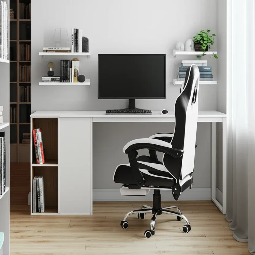 Silla de EscritorioGamer Giratoria Masajeadora Reposapiés 53,5x129x64 cm Blanco/Negro