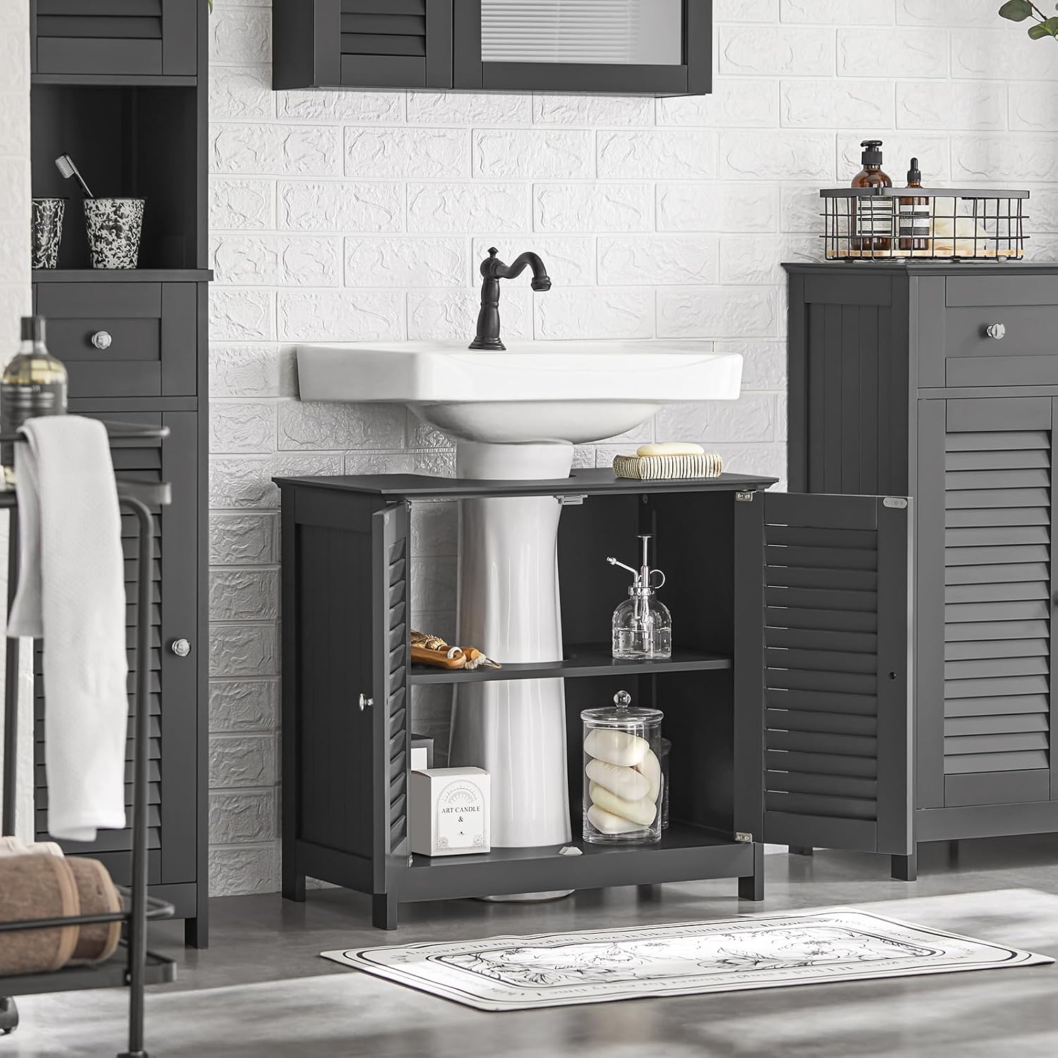 Gabinete para Baño Mueble para Baño Organizador Armario Baño con Estantes Ajustables Muebles para Lavabo con Puerta Anti-Moho(Blanco, Desagüe al Suelo FRG237-II-W)