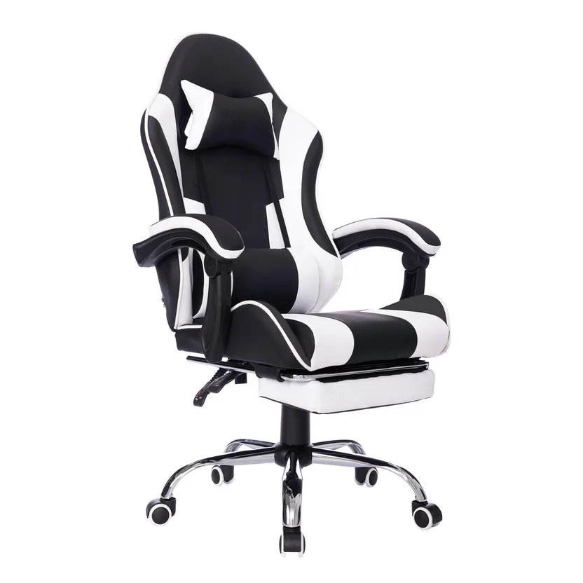 Silla de EscritorioGamer Giratoria Masajeadora Reposapiés 53,5x129x64 cm Blanco/Negro