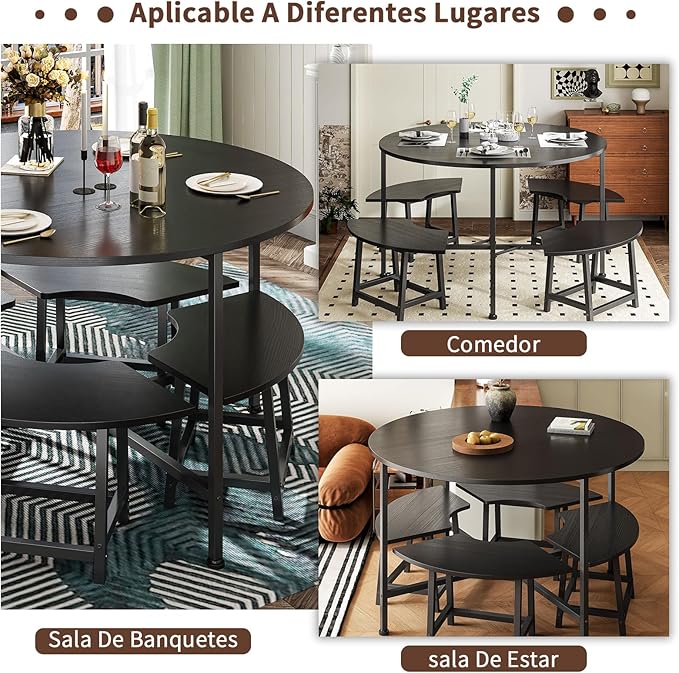 Comedor 4 sillas Moderno Redondo Conjunto de Comedor para Cuatro - Cocina compacta desayunador con 4 taburetes, Resistente y Ahorra Espacio, 80x80 cm, Negro
