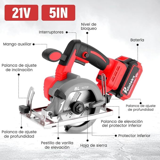 Sierra Circular Inalámbrica 125mm, 7200 RPM, 3 Velocidades Ajustables, Incluye 2 Baterías, Ángulo De Corte Ajustable 0°-45°, Para Cortar Madera, Mármol Y Baldosas De Porcelana
