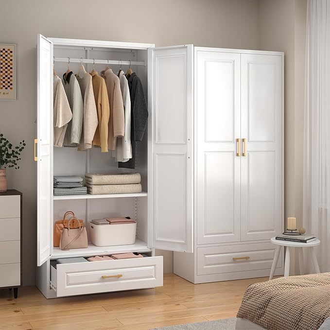 clóset de metal de 71 pulgadas con cajón, clóset de almacenamiento alto para ropa con estantes ajustables y barra colgante, clóset blanco para recámara, hogar, oficina, gimnasio