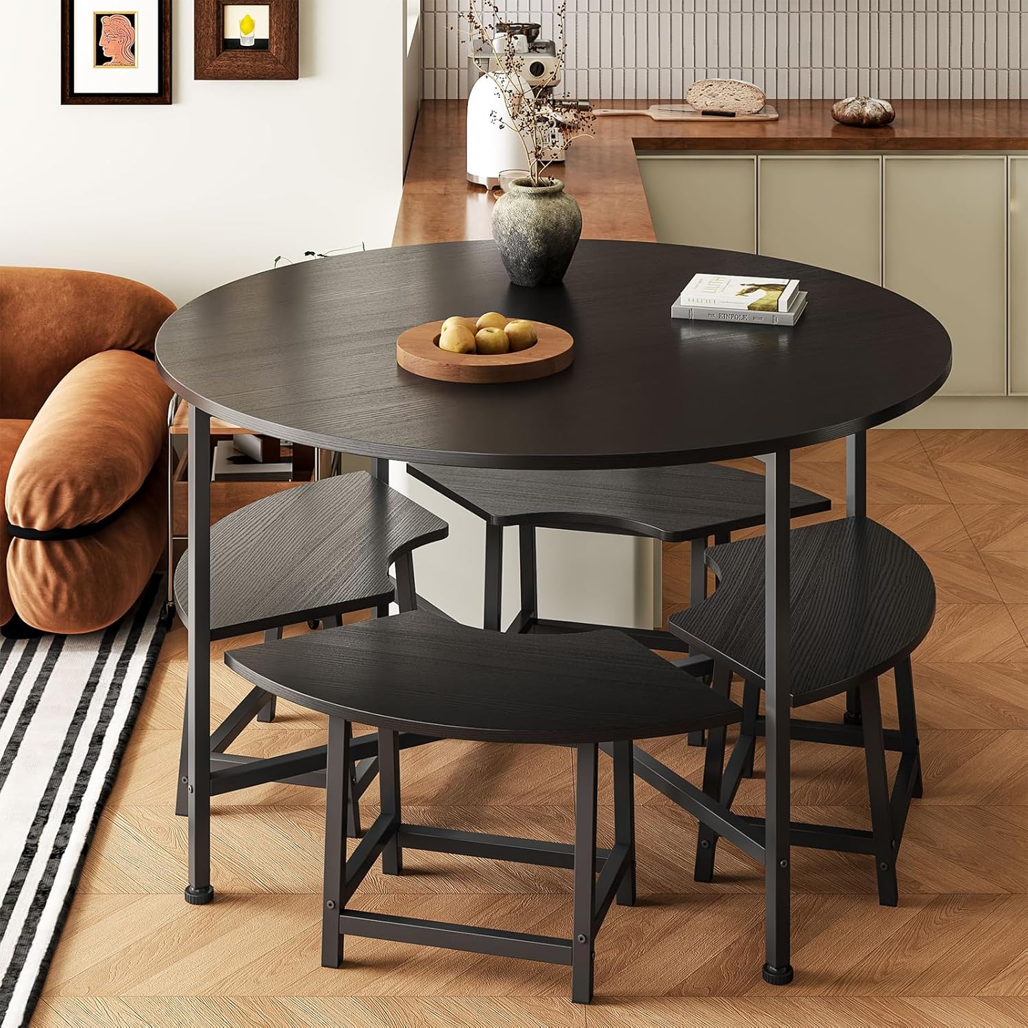 Comedor 4 sillas Moderno Redondo Conjunto de Comedor para Cuatro - Cocina compacta desayunador con 4 taburetes, Resistente y Ahorra Espacio, 80x80 cm, Negro
