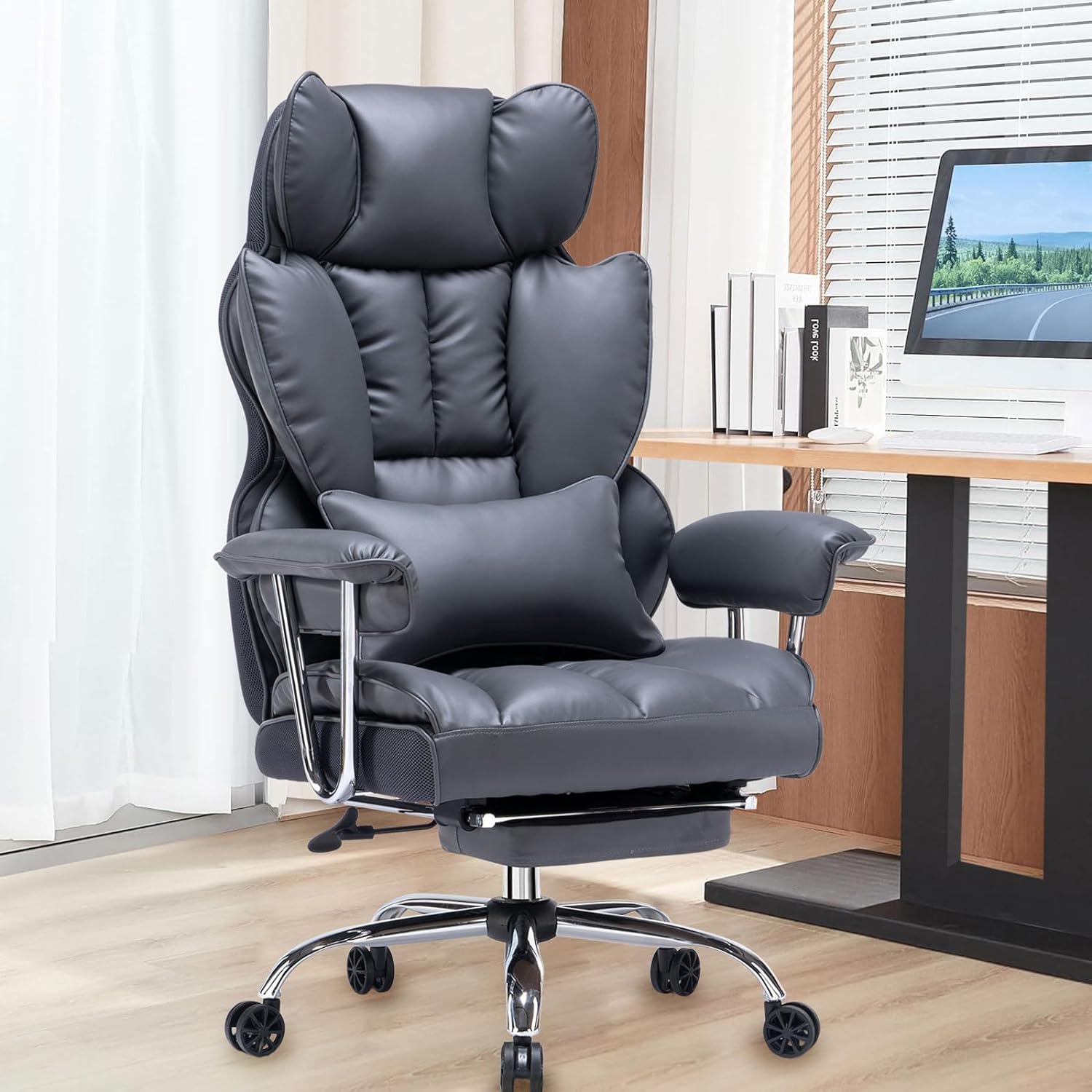 Silla de oficina alta, silla de computadora de cuero PU, silla ejecutiva con reposapiernas y soporte lumbar