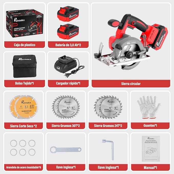 Sierra Circular Inalámbrica 125mm, 7200 RPM, 3 Velocidades Ajustables, Incluye 2 Baterías, Ángulo De Corte Ajustable 0°-45°, Para Cortar Madera, Mármol Y Baldosas De Porcelana