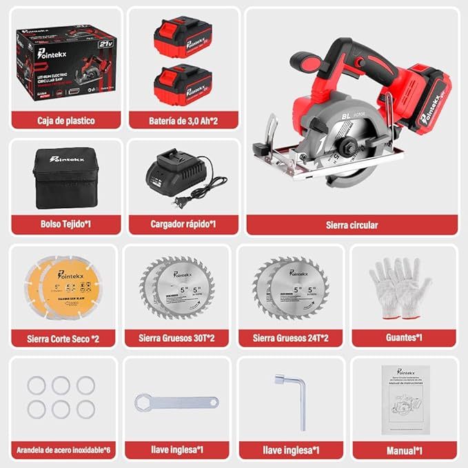 Sierra Circular Inalámbrica 125mm, 7200 RPM, 3 Velocidades Ajustables, Incluye 2 Baterías, Ángulo De Corte Ajustable 0°-45°, Para Cortar Madera, Mármol Y Baldosas De Porcelana