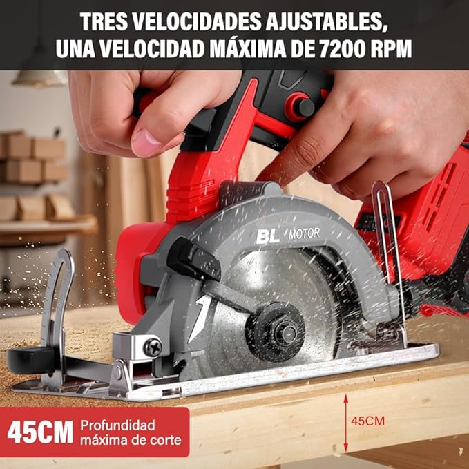 Sierra Circular Inalámbrica 125mm, 7200 RPM, 3 Velocidades Ajustables, Incluye 2 Baterías, Ángulo De Corte Ajustable 0°-45°, Para Cortar Madera, Mármol Y Baldosas De Porcelana