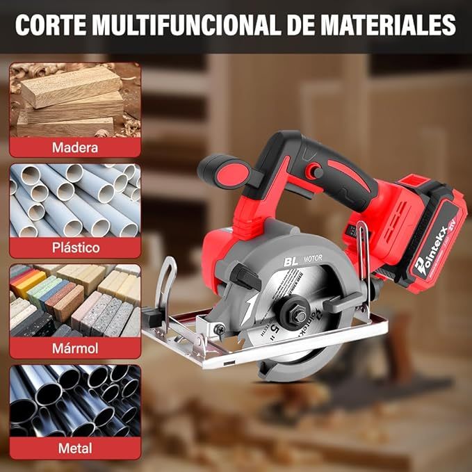 Sierra Circular Inalámbrica 125mm, 7200 RPM, 3 Velocidades Ajustables, Incluye 2 Baterías, Ángulo De Corte Ajustable 0°-45°, Para Cortar Madera, Mármol Y Baldosas De Porcelana