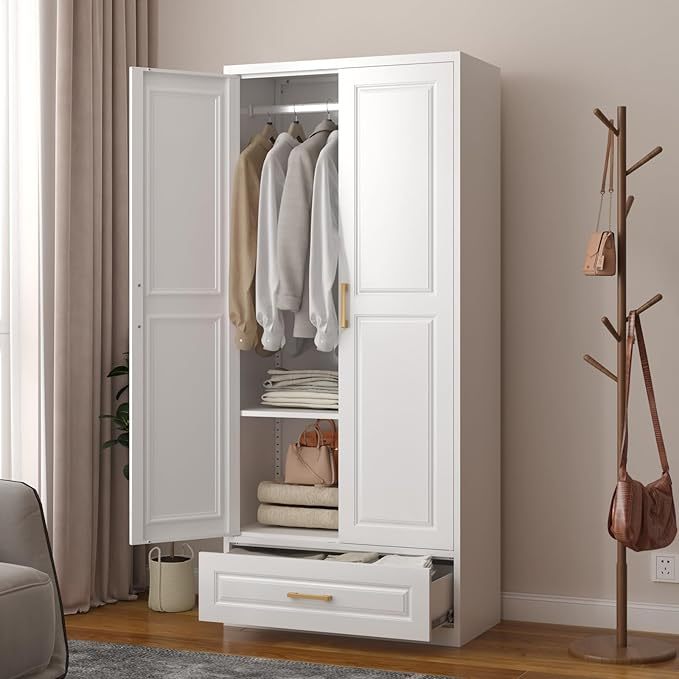 clóset de metal de 71 pulgadas con cajón, clóset de almacenamiento alto para ropa con estantes ajustables y barra colgante, clóset blanco para recámara, hogar, oficina, gimnasio