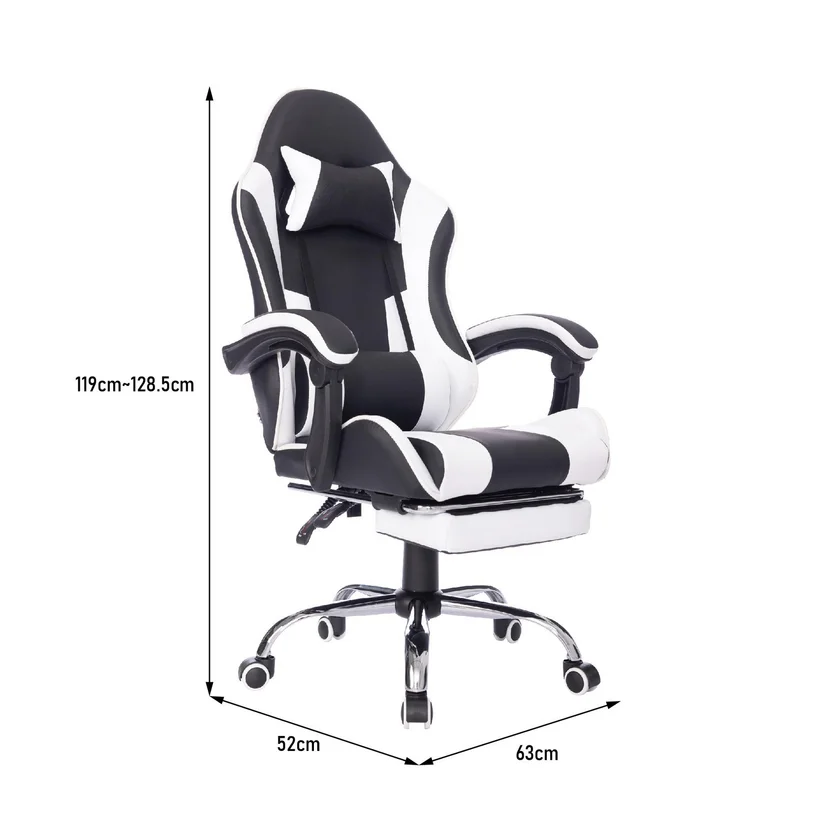 Silla de EscritorioGamer Giratoria Masajeadora Reposapiés 53,5x129x64 cm Blanco/Negro