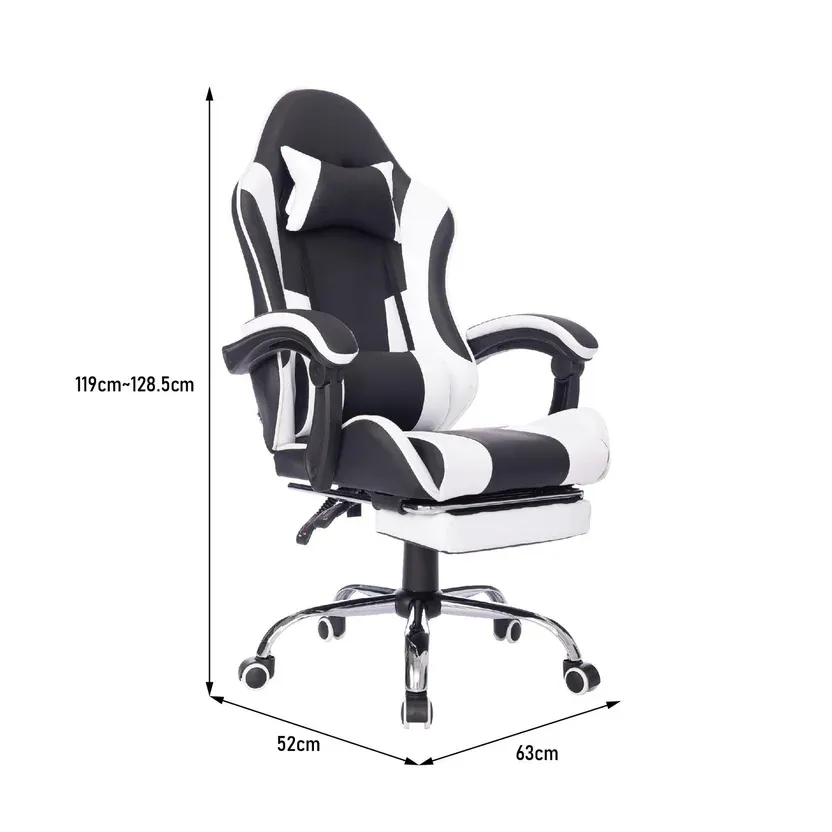 Silla de EscritorioGamer Giratoria Masajeadora Reposapiés 53,5x129x64 cm Blanco/Negro