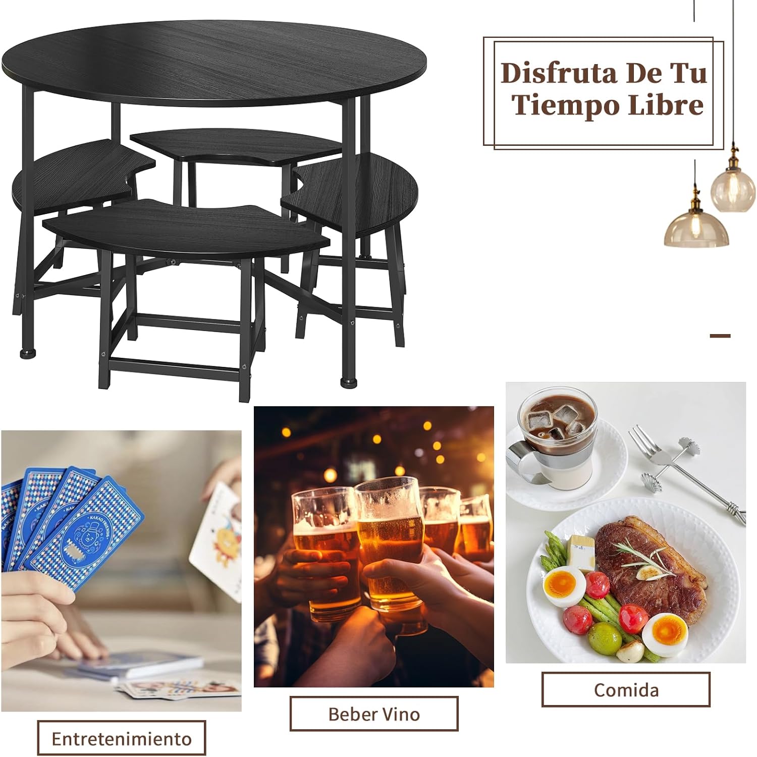 Comedor 4 sillas Moderno Redondo Conjunto de Comedor para Cuatro - Cocina compacta desayunador con 4 taburetes, Resistente y Ahorra Espacio, 80x80 cm, Negro