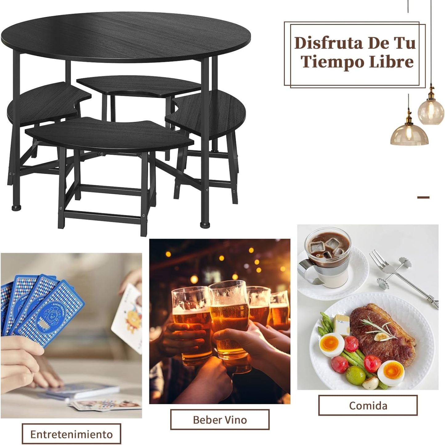 Comedor 4 sillas Moderno Redondo Conjunto de Comedor para Cuatro - Cocina compacta desayunador con 4 taburetes, Resistente y Ahorra Espacio, 80x80 cm, Negro