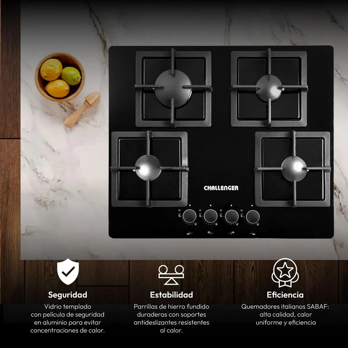 Estufa Empotrable Gas Natural 60x52 cm 4 Puestos Vidrio Squad