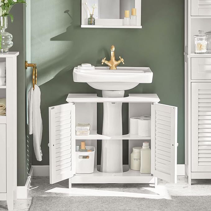 Gabinete para Baño Mueble para Baño Organizador Armario Baño con Estantes Ajustables Muebles para Lavabo con Puerta Anti-Moho(Blanco, Desagüe al Suelo FRG237-II-W)