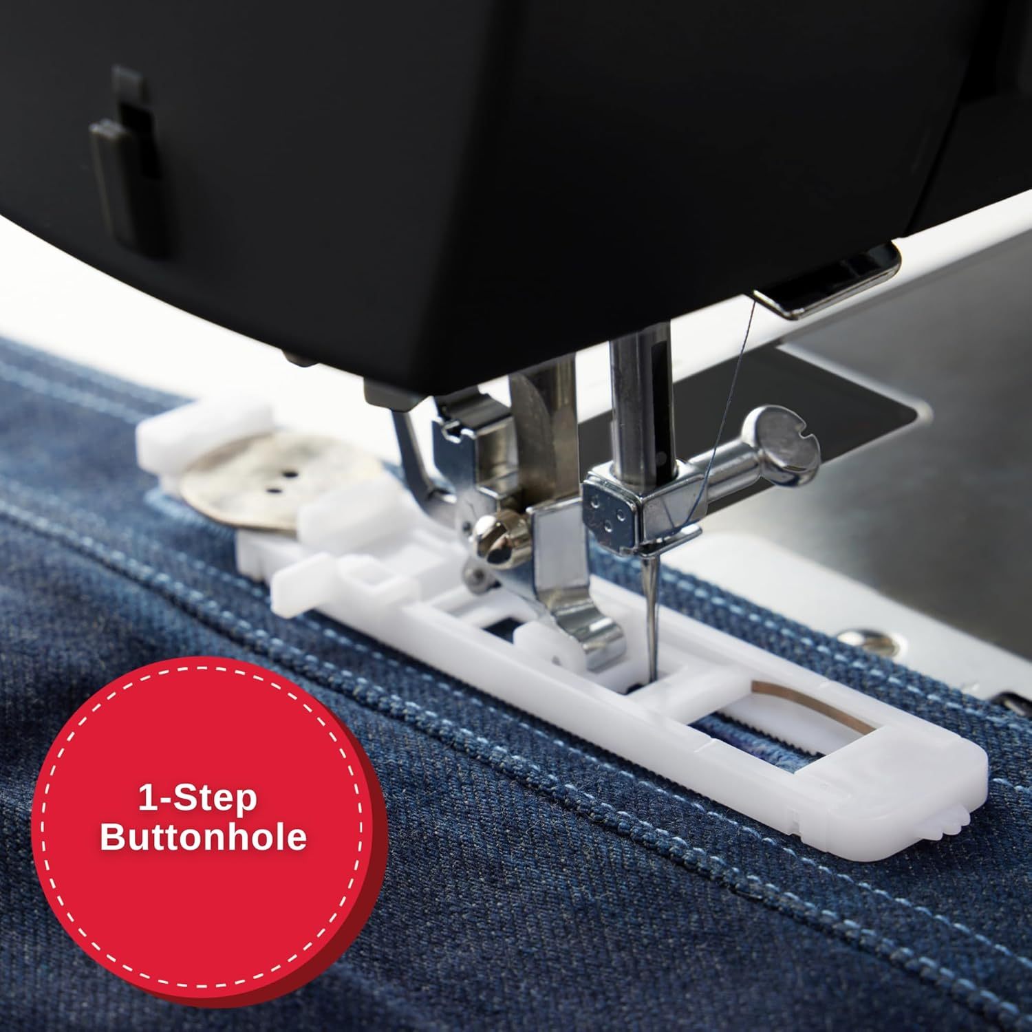 Máquina de coser negra de alta velocidad con kit de accesorios, motor fuerte con potencia de perforación mejorada, 110 aplicaciones de puntadas, marco de metal completo, ojal de 1 paso y