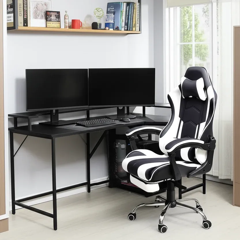 Silla de EscritorioGamer Giratoria Masajeadora Reposapiés 53,5x129x64 cm Blanco/Negro