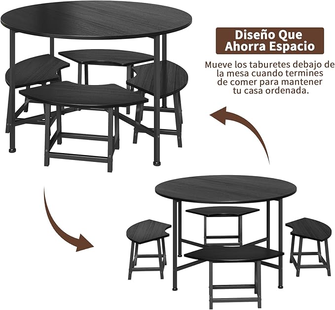 Comedor 4 sillas Moderno Redondo Conjunto de Comedor para Cuatro - Cocina compacta desayunador con 4 taburetes, Resistente y Ahorra Espacio, 80x80 cm, Negro