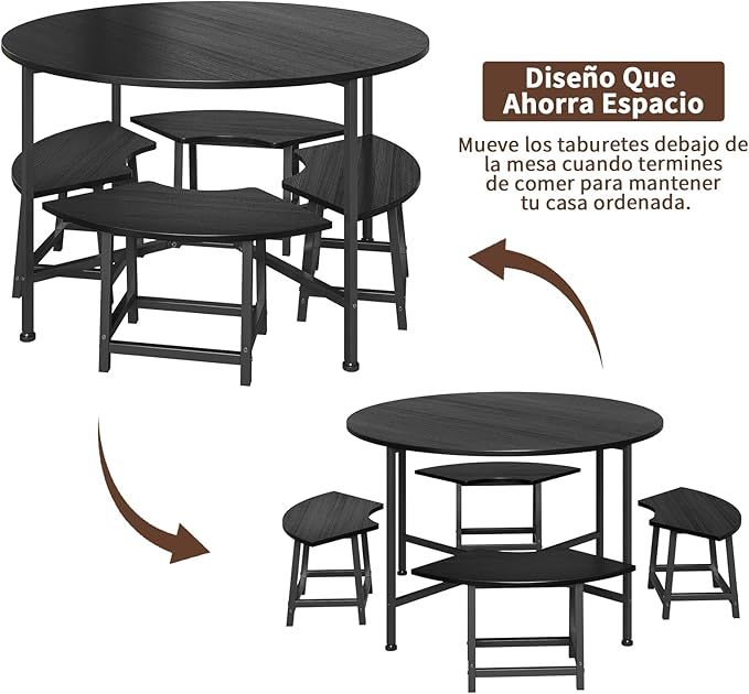 Comedor 4 sillas Moderno Redondo Conjunto de Comedor para Cuatro - Cocina compacta desayunador con 4 taburetes, Resistente y Ahorra Espacio, 80x80 cm, Negro