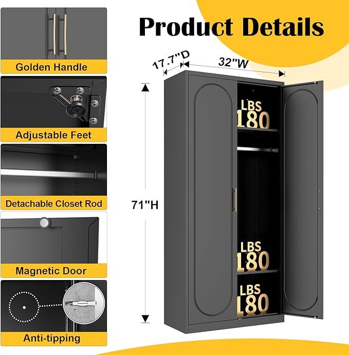 clóset de metal de 71 pulgadas con cajón, clóset de almacenamiento alto para ropa con estantes ajustables y barra colgante, clóset blanco para recámara, hogar, oficina, gimnasio