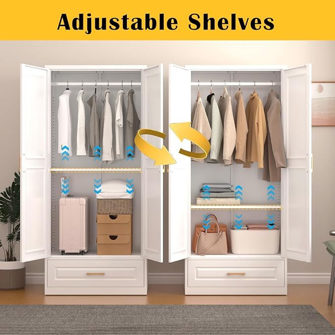 clóset de metal de 71 pulgadas con cajón, clóset de almacenamiento alto para ropa con estantes ajustables y barra colgante, clóset blanco para recámara, hogar, oficina, gimnasio